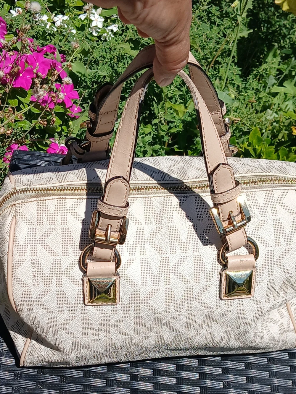 Michael Kors Cream Logo Satchel with Beige Trim